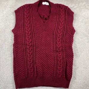 Vintage Aran Handknitted Wool Sweater Vest Women's M Burgundy V-Neck Cable Knit